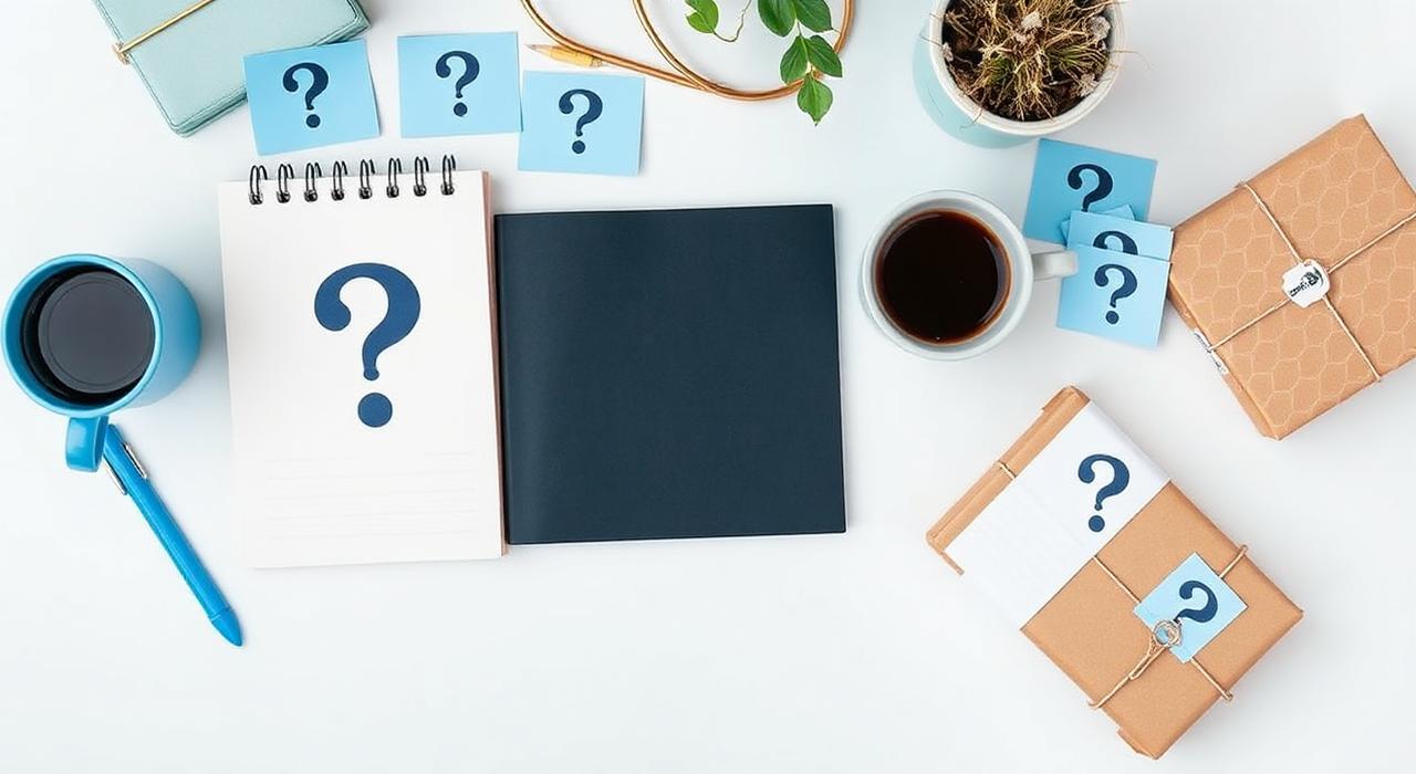 A desk with question-mark notes, a notebook and a parcel