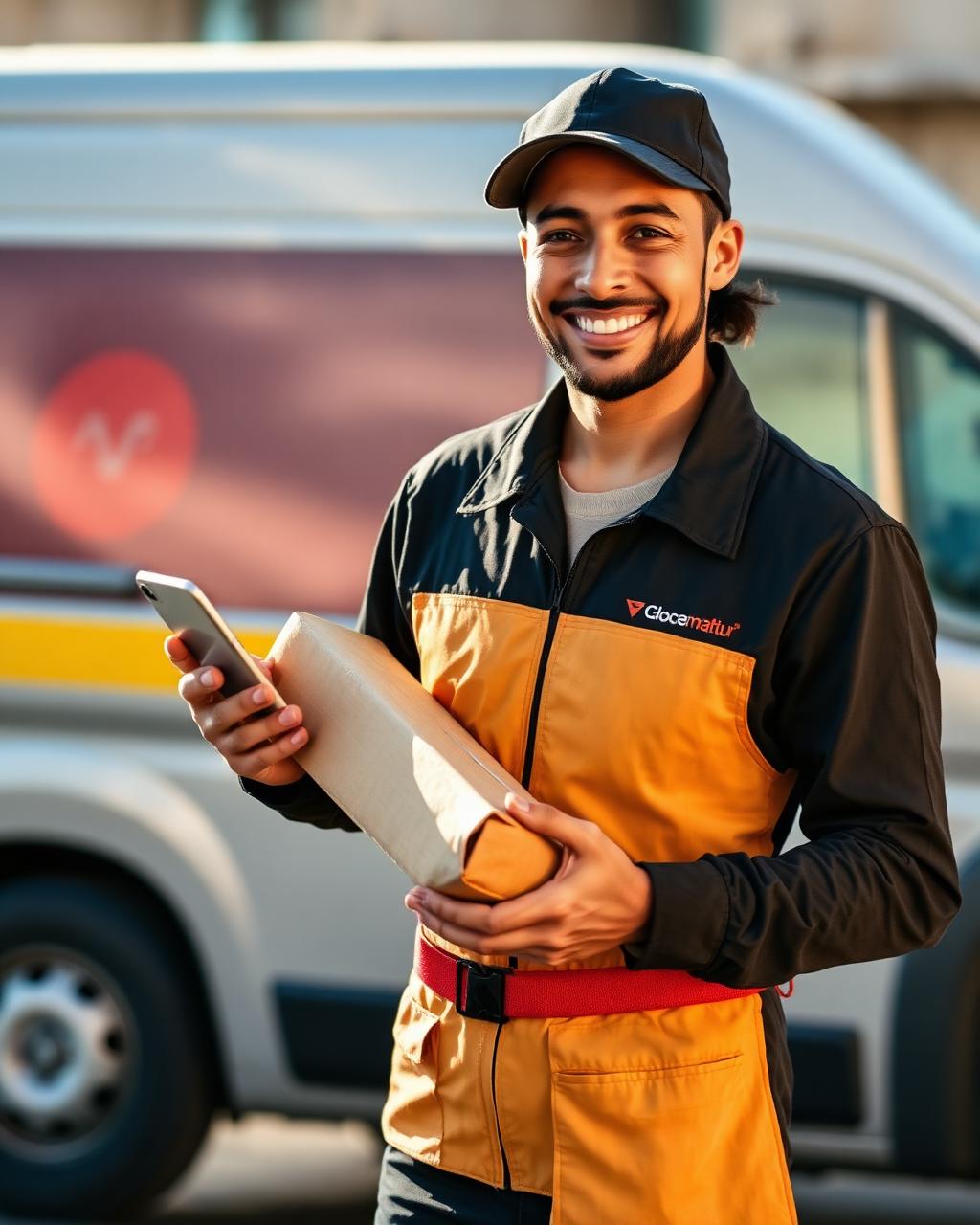 Parcelio courier holding a package and phone