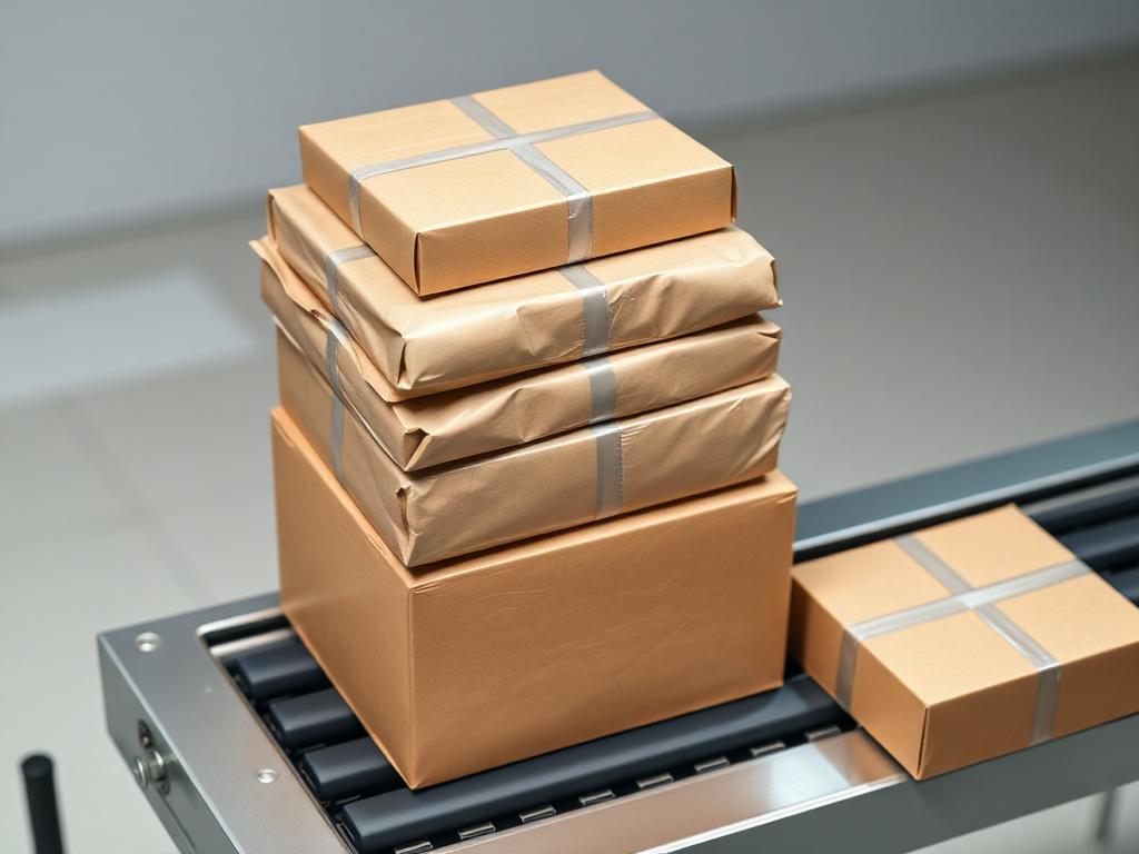 Wrapped parcels on a conveyor